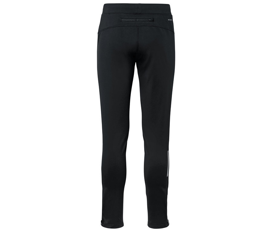 Czarne legginsy sportowe z odblaskowym paskiem na dole nogawki.