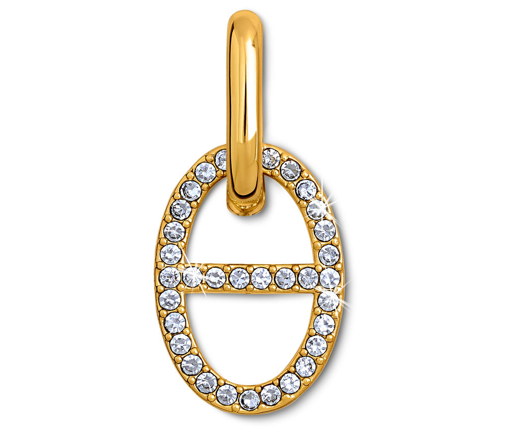Złota zawieszka w kształcie podkowy z kryształkami.