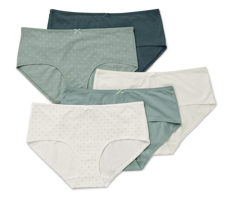 Zestaw sześciu par majtek damskich w różnych kolorach i wzorach.