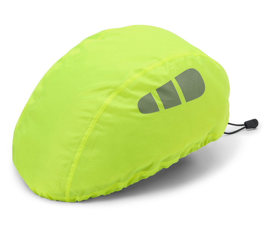 Żółto-zielony pokrowiec z odblaskowym logo na białym tle.