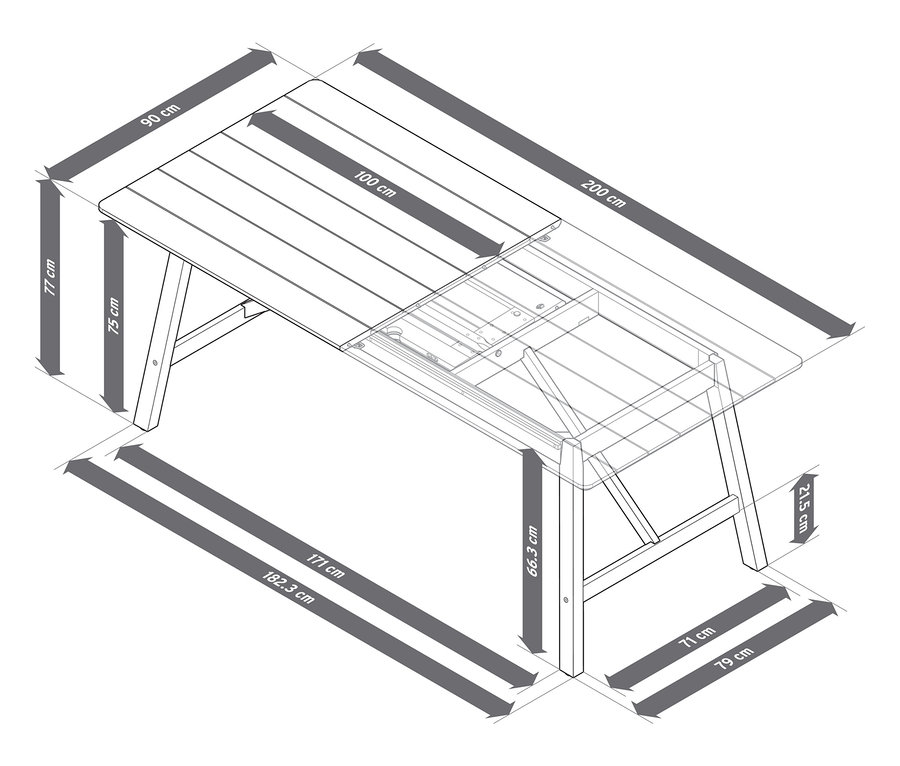 Na ilustracji widoczny rozkładany stół ogrodowy z rustykalnym stelażem o wymiarach ok. 200-250 cm wraz z odpowiednimi wymiarami.