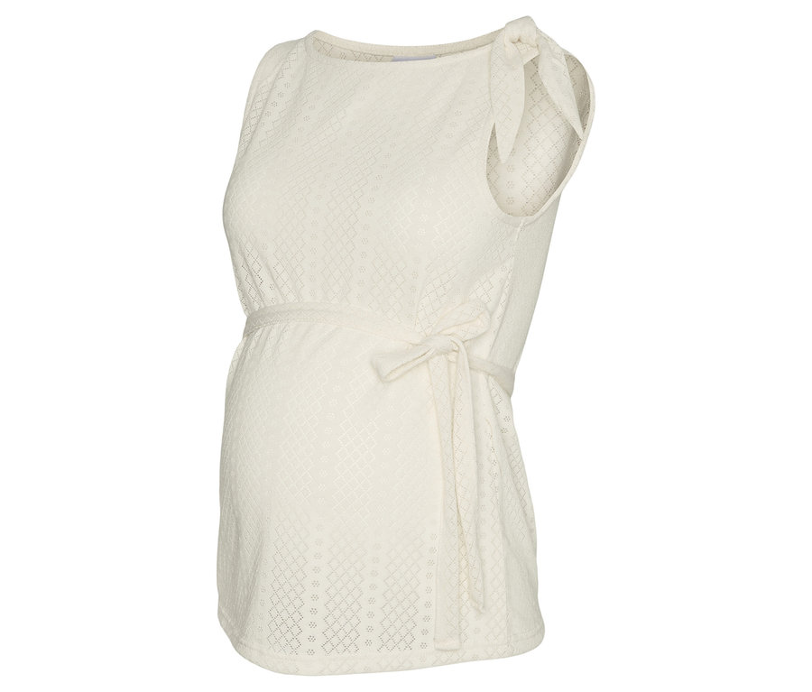 Bezrękawnik ciążowy w kolorze białym, z kokardą na ramieniu i wiązaniem pod biustem.