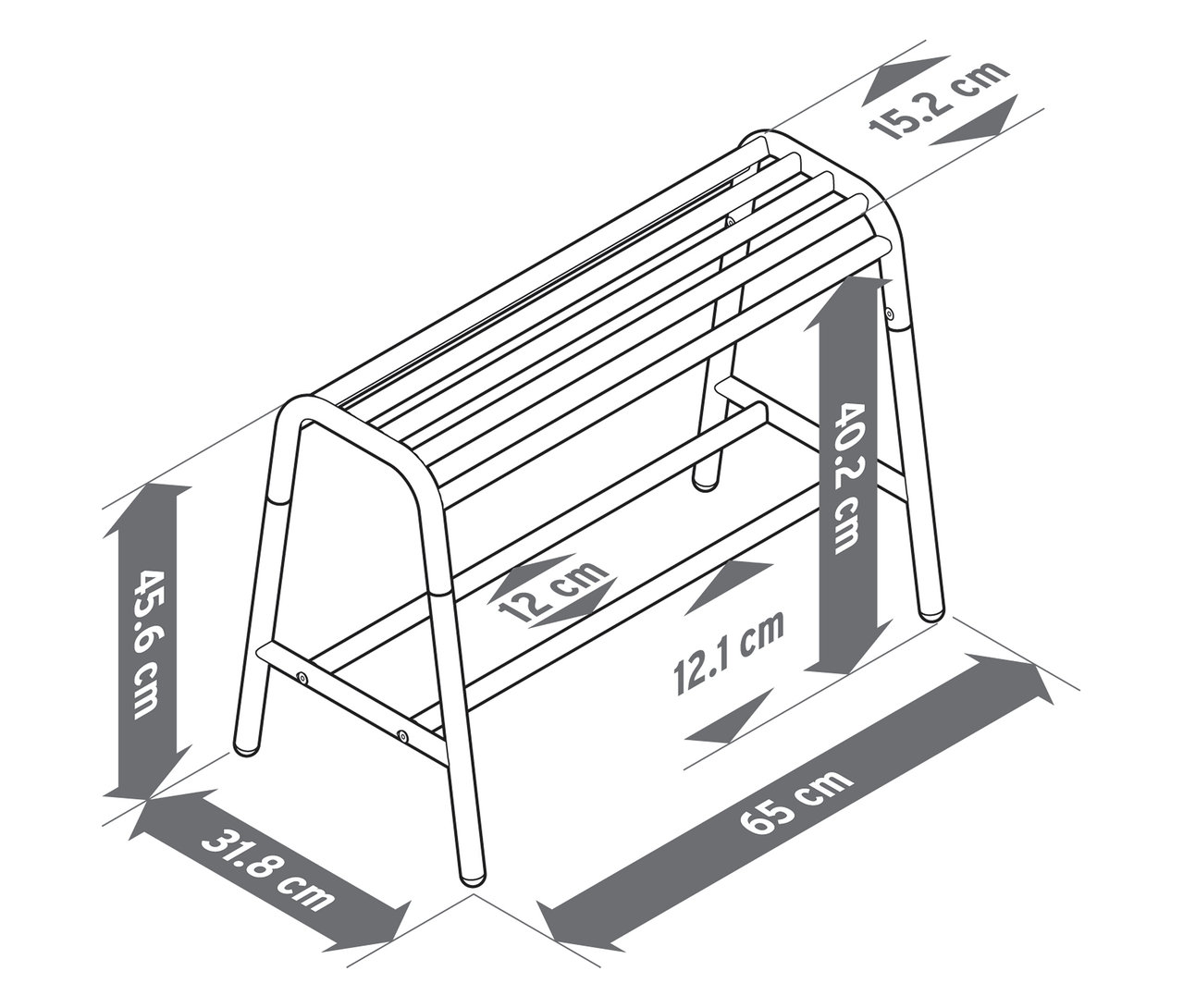 Ilustracja ławki z półką i wymiarami.