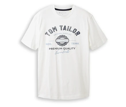 Biała koszulka z logo Tom Tailor z logo marki i napisem „Premium Quality Essentials”.