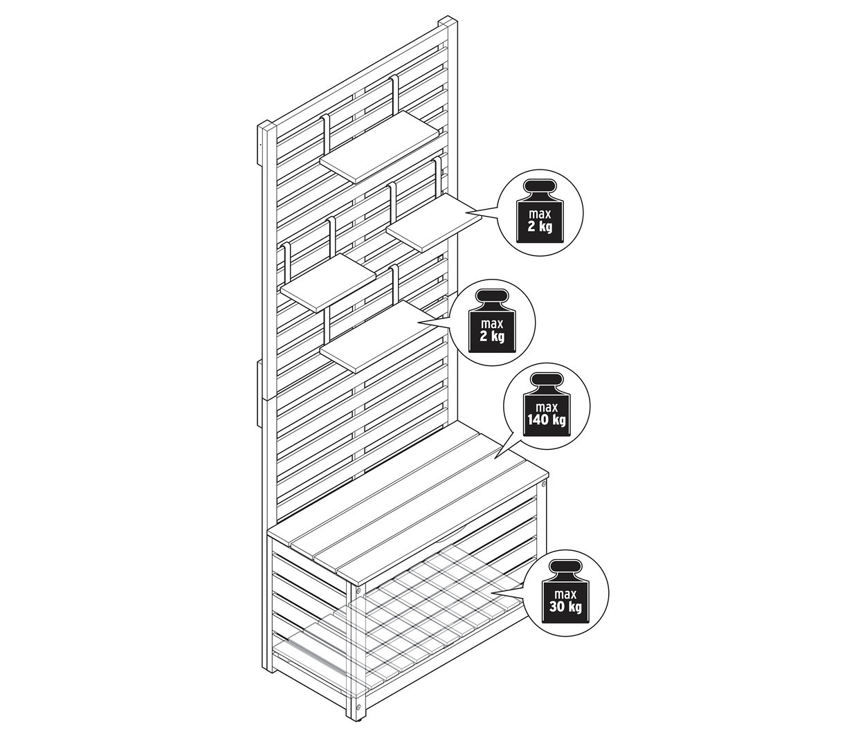 Widok z góry ławki balkonowej z parawanem, schowkiem i informacjami o wadze.