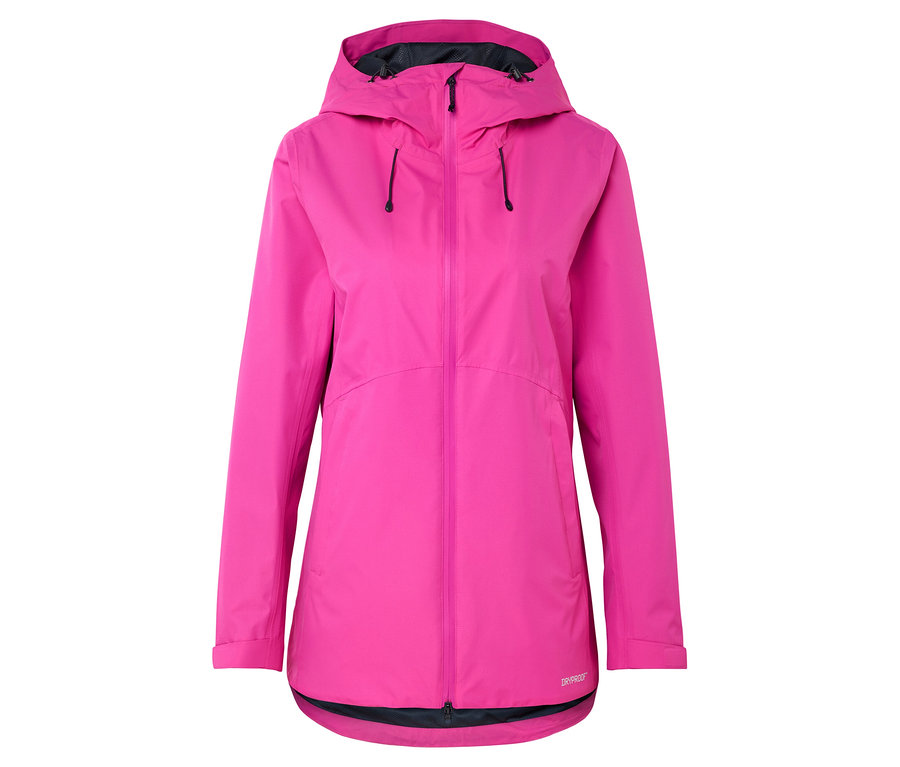 Różowa, długa kurtka przeciwdeszczowa z kapturem, zamkiem błyskawicznym z przodu i sznurkiem.