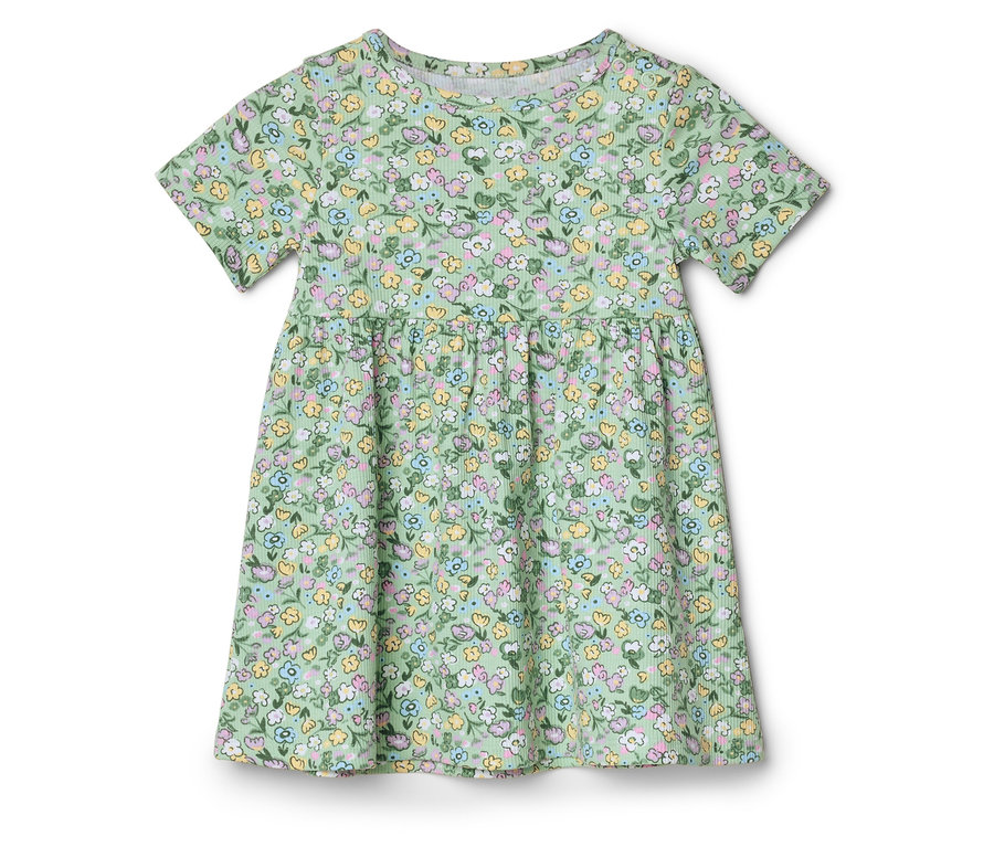 Zielony sukienka z krótkim rękawem w kwiatowy wzór w kolorze żółtym, niebieskim i różowym.