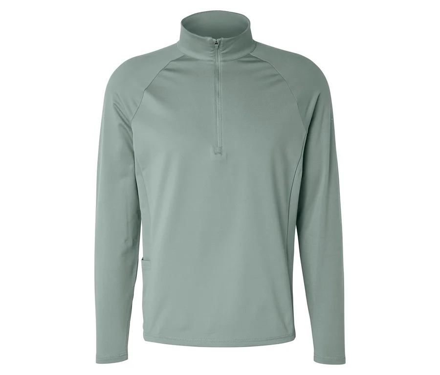Termiczna koszulka sportowa »Half Zip« w kolorze szałwiowej zieleni, z długimi rękawami i kołnierzem.