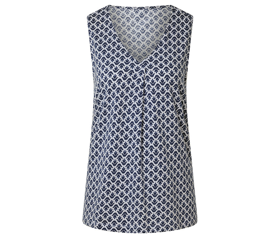 Bluzka bez rękawów z dekoltem w serek, pokryta wzorem z granatowo-białych strzałek.