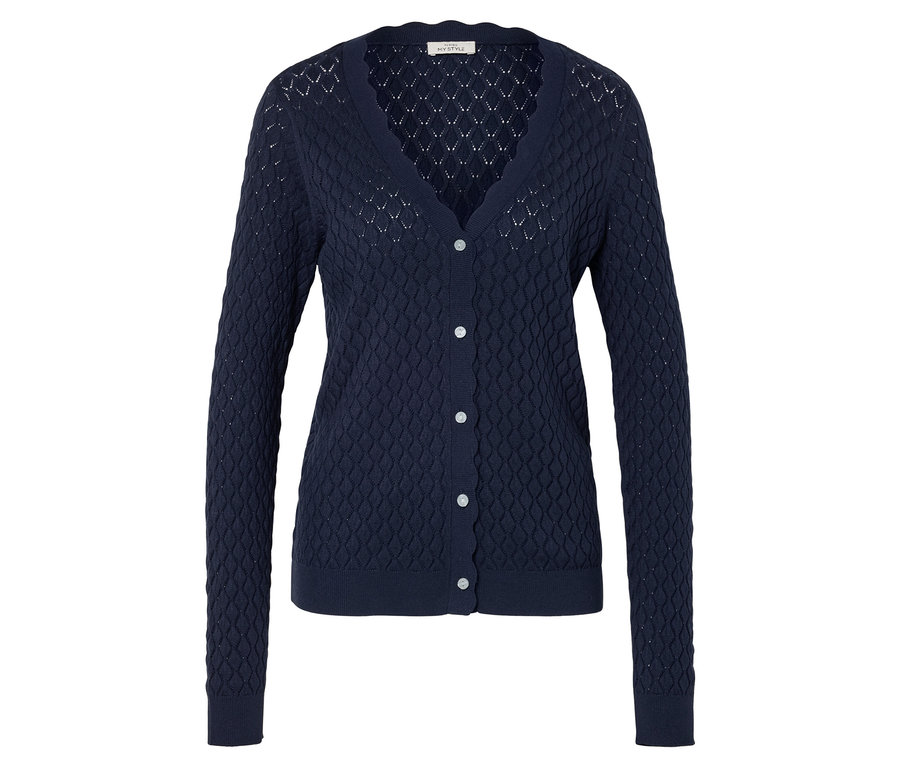 Granatowy rozpinany sweter z dekoltem w serek i guzikami.