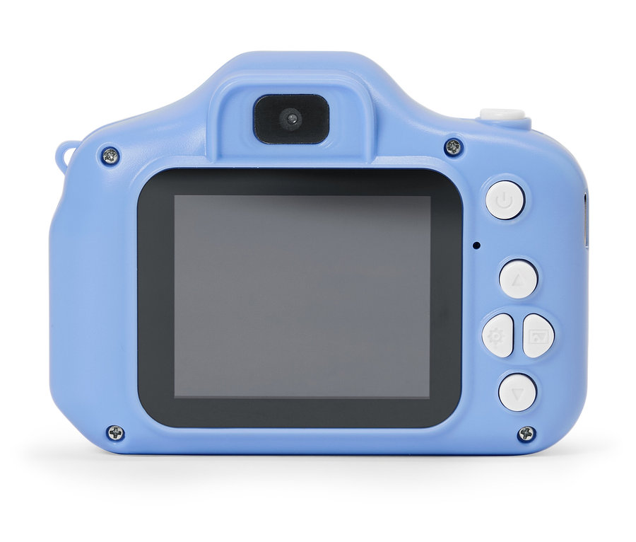 Widok z tyłu jasnoniebieskiego aparatu dla dzieci z czarnym ekranem i białymi przyciskami na białym tle.