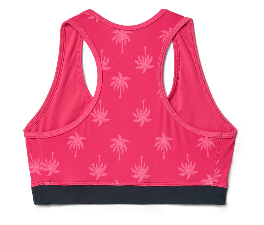 Widok z tyłu różowego biustonosza sportowego we wzór z palmami i szarym paskiem.