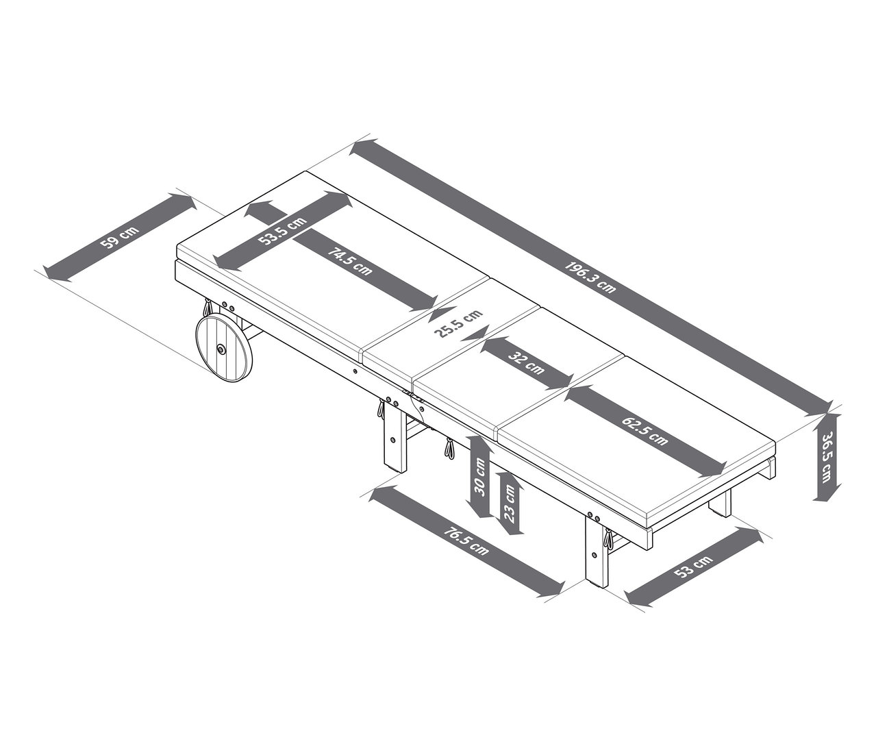 Ilustracja klasycznego leżaka ogrodowego z wymiarami.