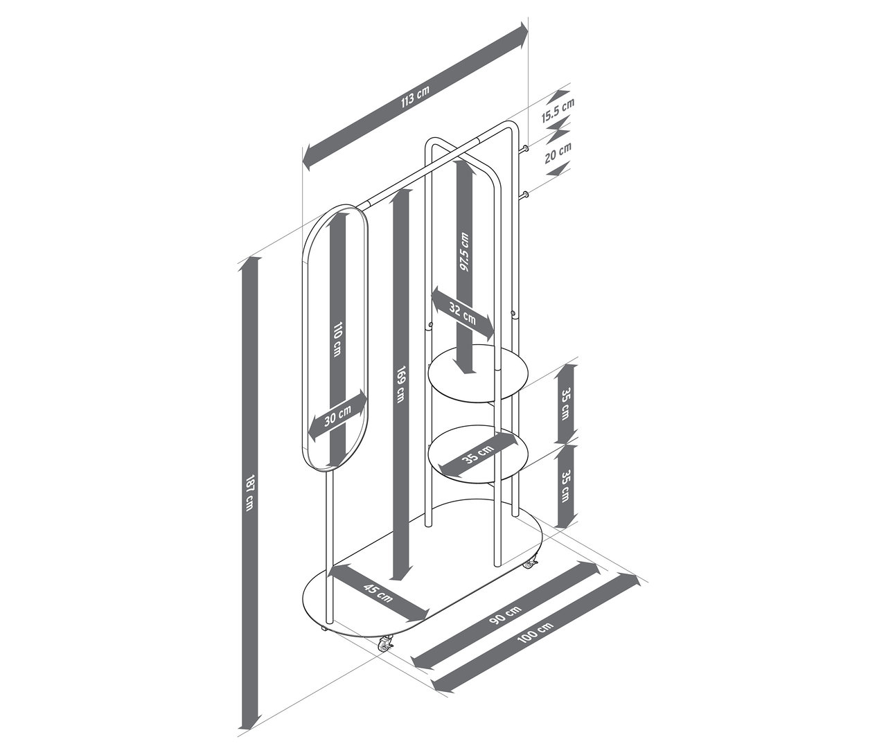 Zdjęcie przedstawia wieszak na ubrania na kółkach z dużym lustrem wraz z wymiarami.