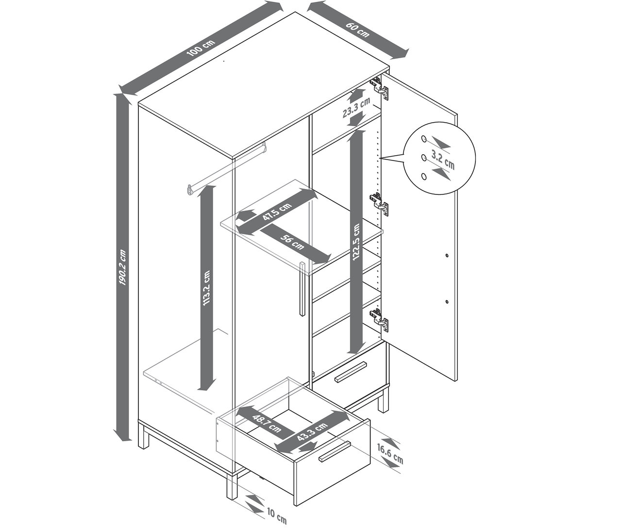 Rysunek szafy »Eklund« z szufladami z oznaczonymi wymiarami.