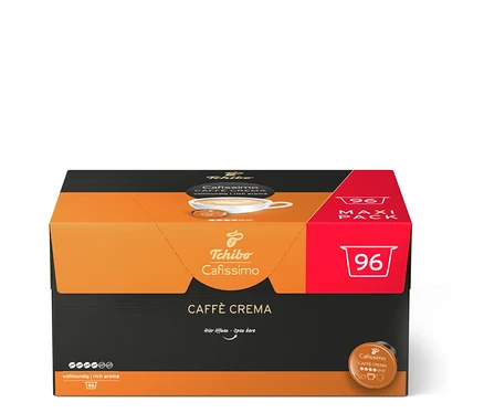 Pomarańczowo-czarne opakowanie 96 kapsułek kawy Tchibo Cafissimo Caffe Crema Rich Aroma.