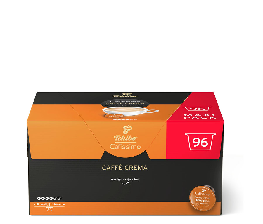 Pomarańczowo-czarne opakowanie 96 kapsułek kawy Tchibo Cafissimo Caffe Crema Rich Aroma.