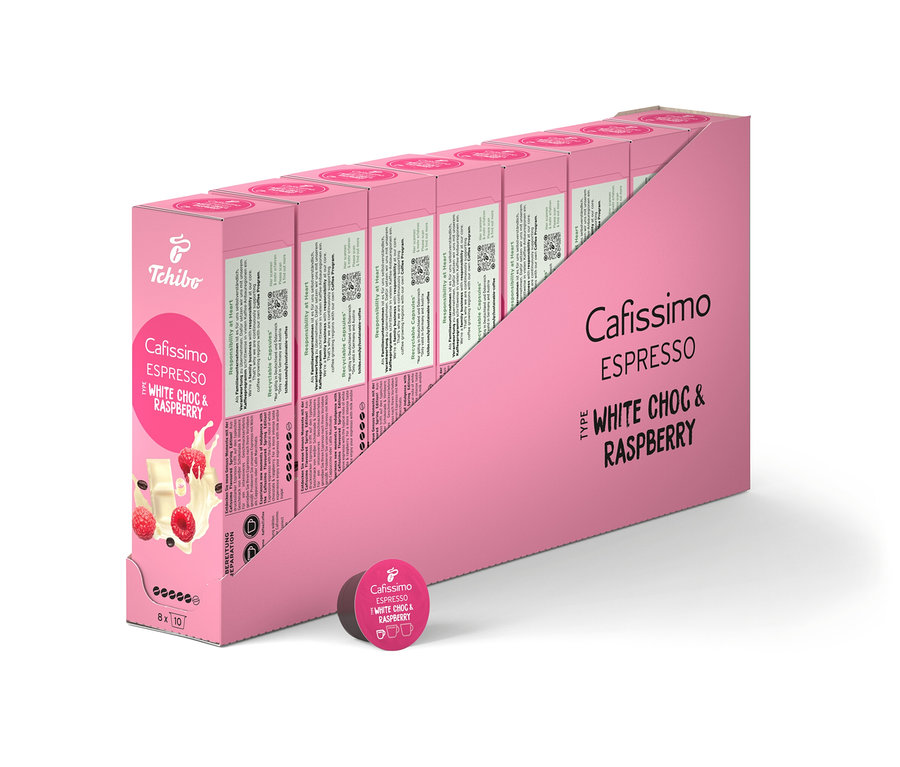 Opakowanie Cafissimo Flavoured Espresso – White Choc & Raspberry – 80 kapsułek.