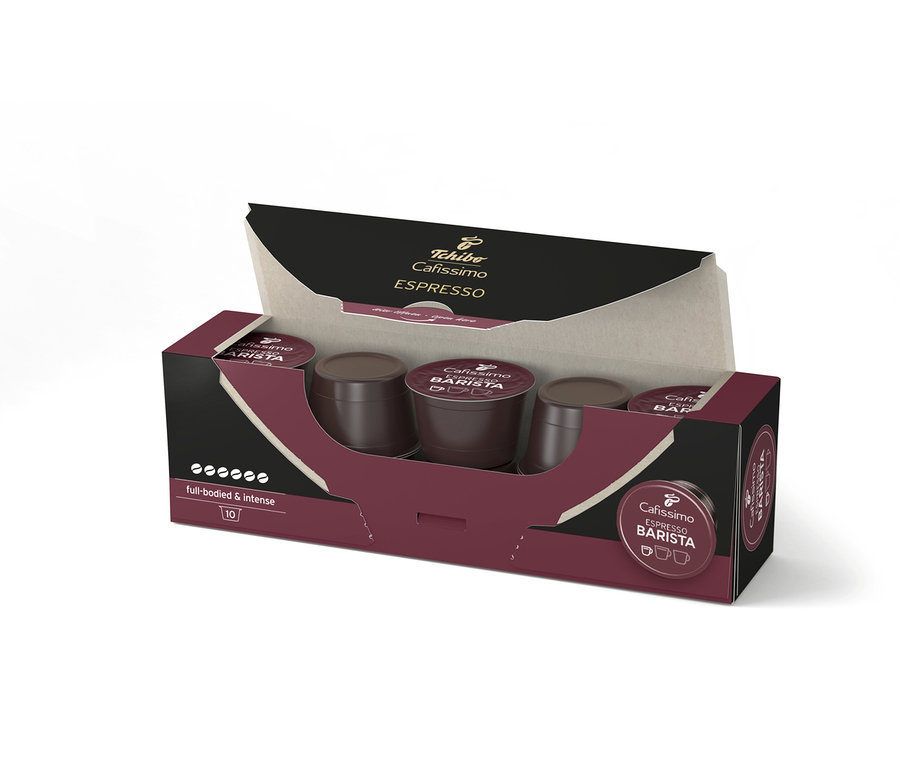 Otwarte opakowanie z 10 kapsułkami Cafissimo BARISTA Espresso.