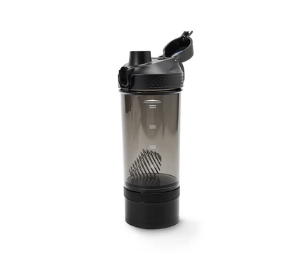 Czarny shaker do protein z metalową spiralą w środku.