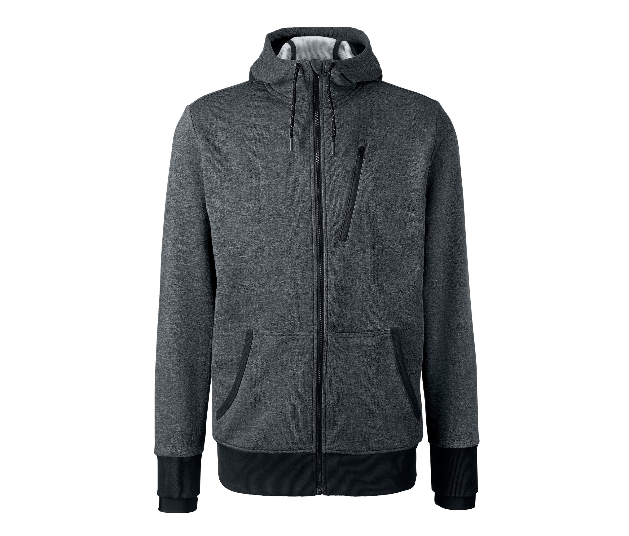 Szara kurtka podróżna z kapturem, zamkiem błyskawicznym i kieszeniami.