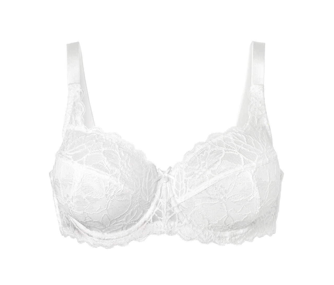Koronkowy biustonosz z fiszbinami w kolorze białym.