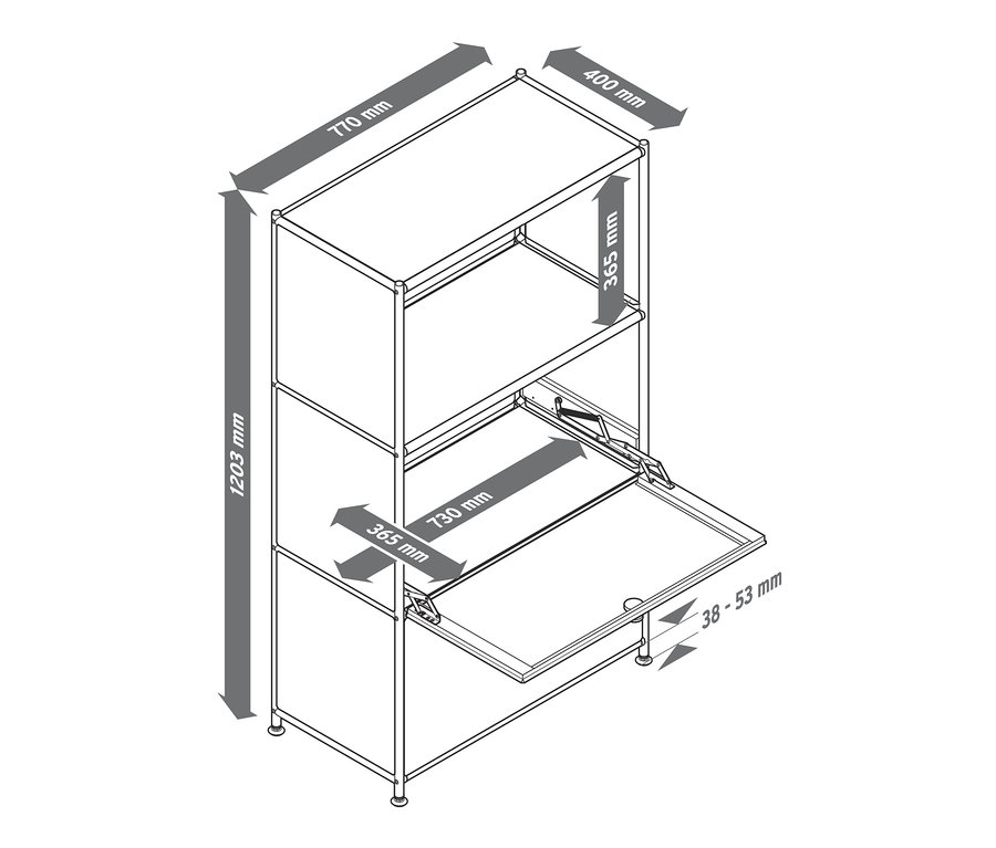 Schematyczny rysunek metalowego regału z 2 regulowanymi klapami i wymiarami.