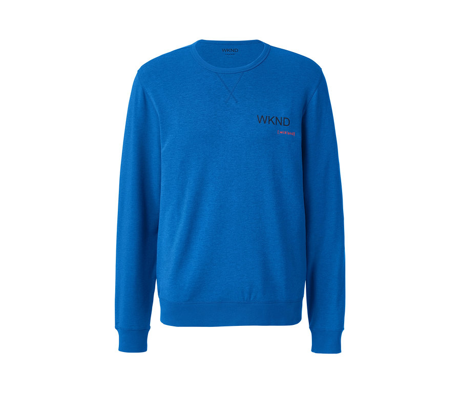 Niebieska bluza dresowa z włóknem TENCEL™ x REFIBRA™ z napisem WKND.