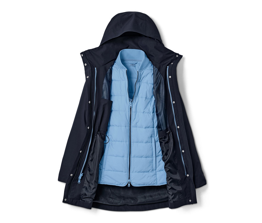 Niebieski płaszcz trekkingowy 3 w 1 z kapturem i jasno-niebieską wewnętrzną kamizelką.