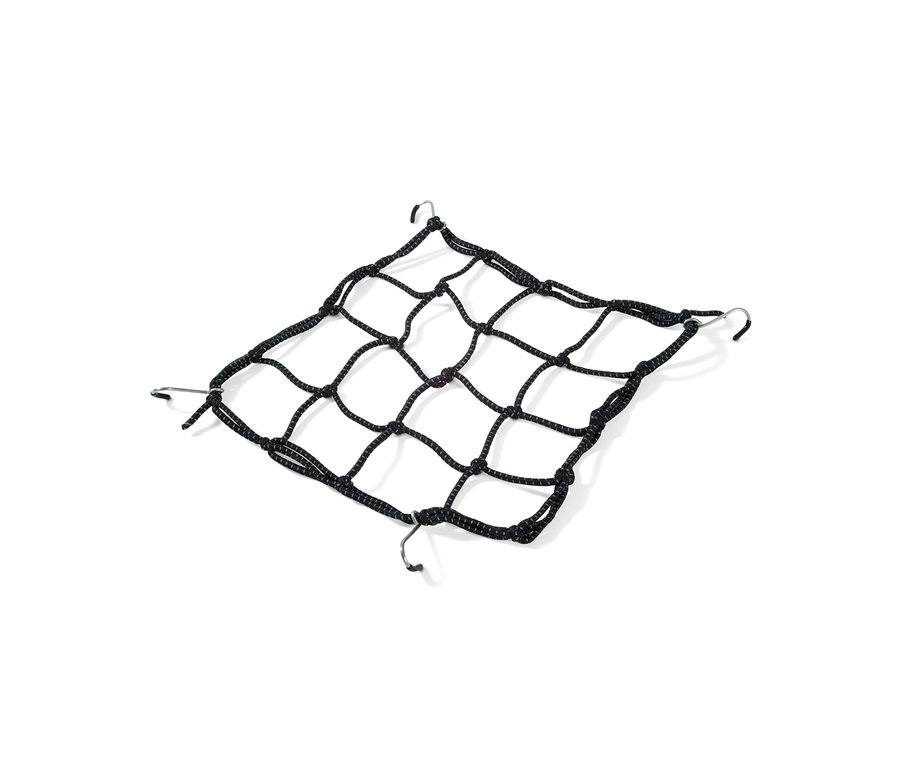 Czarna siatka na bagażnik rowerowy z haczykami w rogach.