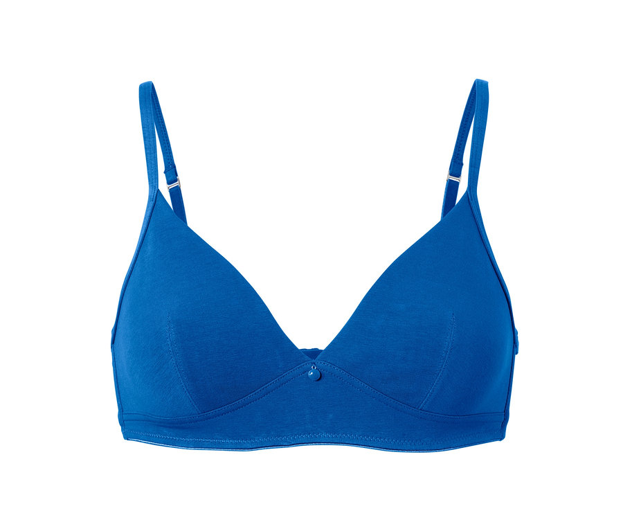 Zbliżenie na niebieski miękki biustonosz z 2-częściowego zestawu.