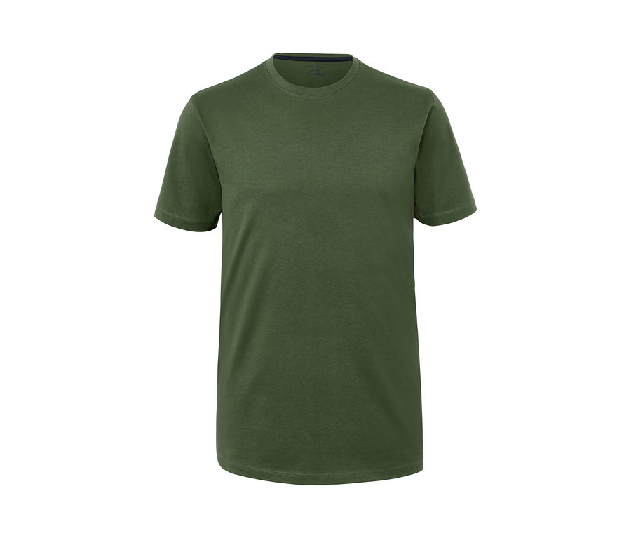 Oliwkowozielona koszulka z okrągłym dekoltem.