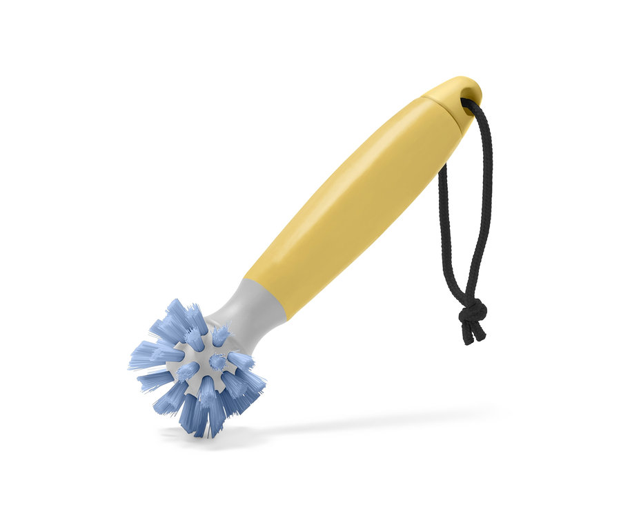 Żółta uniwersalna szczotka do czyszczenia z niebieskim włosiem i czarnym sznurkiem do zawieszania.