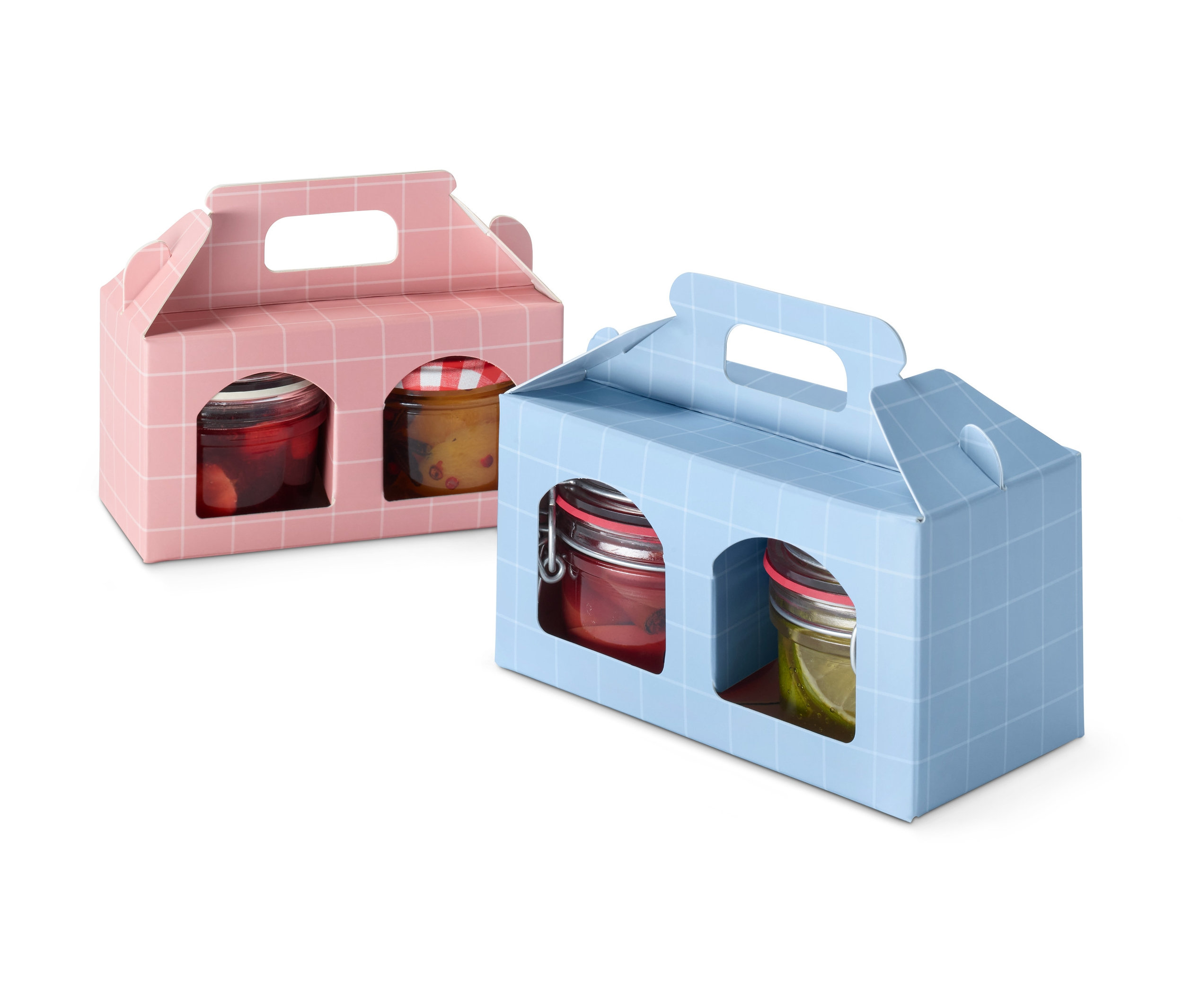Dwa opakowania prezentowe na słoiki, jedno różowe i jedno niebieskie, każde z dwoma słoikami o różnej zawartości.