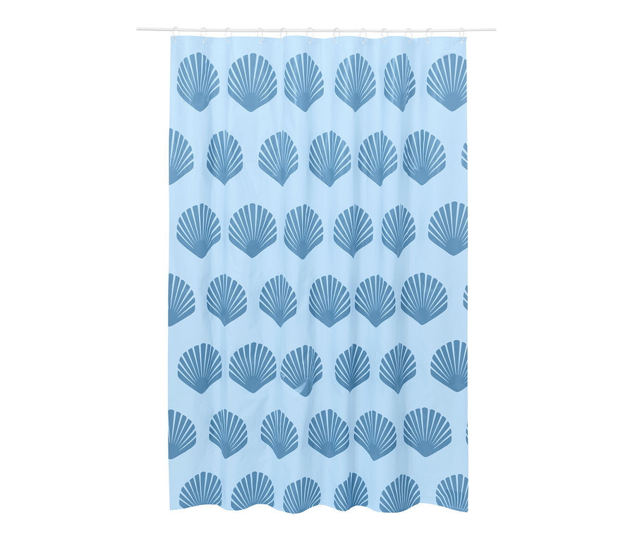 Niebieska zasłona prysznicowa w muszle.