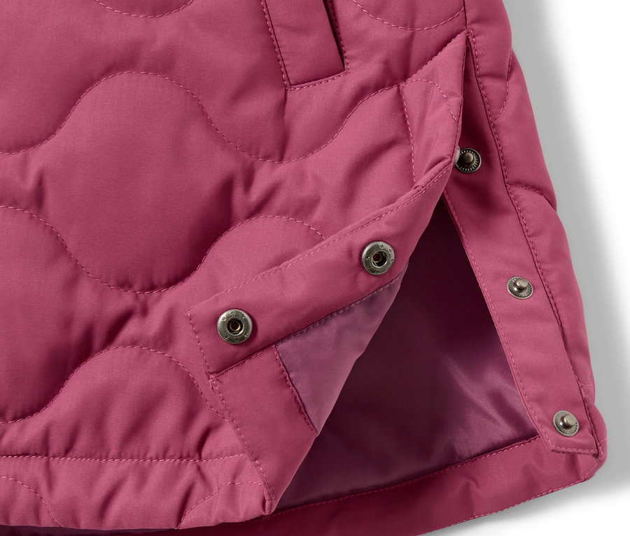 Detale płaszcza pikowanego z zatrzaskami.