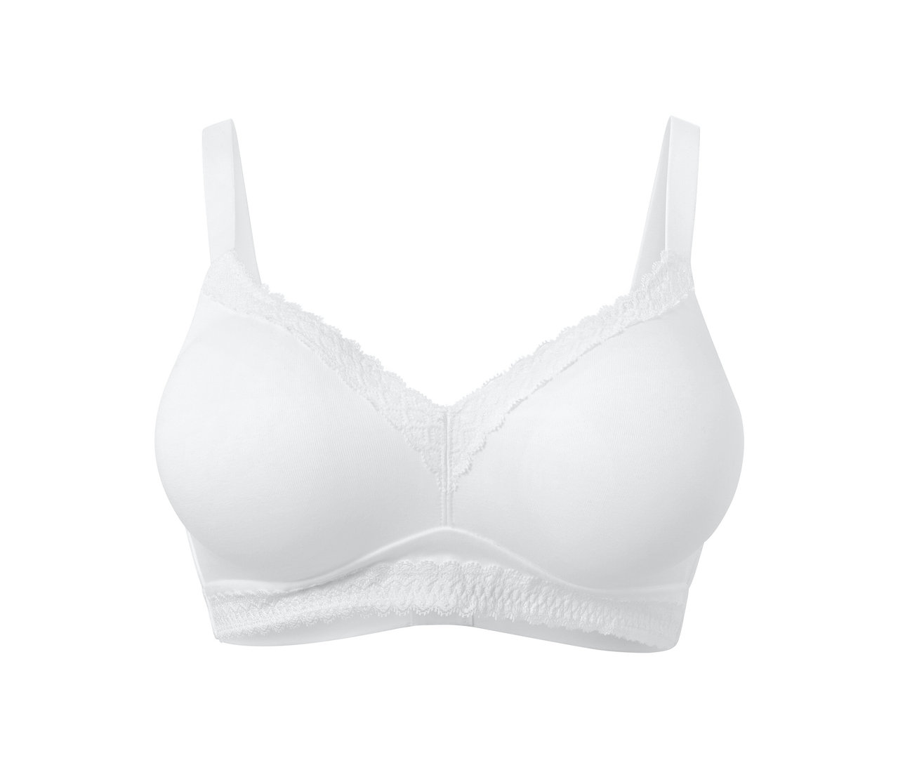 Biały, miękki biustonosz z koronką.