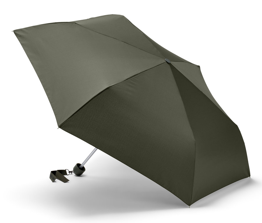 Rozłożony parasol kieszonkowy na białym tle.