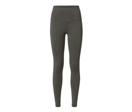 Legginsy sportowe w kolorze oliwkowym na białym tle.
