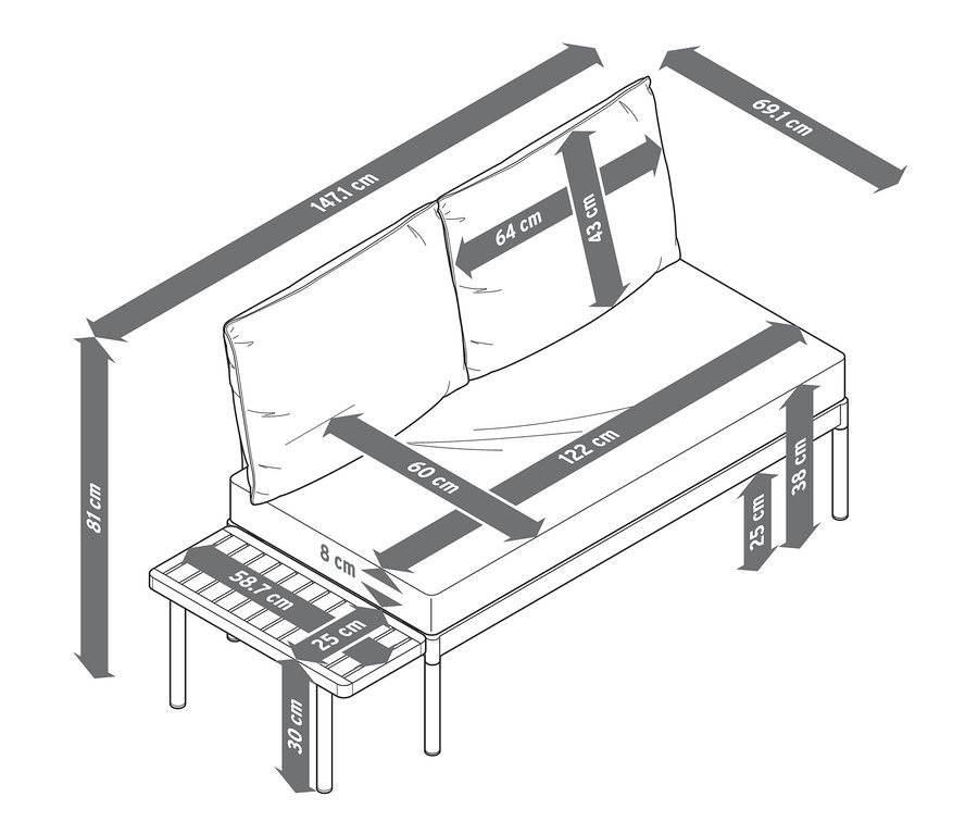 Wymiary zestawu wypoczynkowego na balkon „Elin” i uniwersalnego zestawu wypoczynkowego na balkon są pokazane za pomocą strzałek.