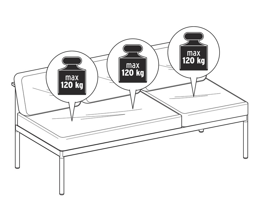 Schematyczny rysunek ławy do jadalni i leżanki 2 w 1 „Elin” z maksymalnym obciążeniem 120 kg.