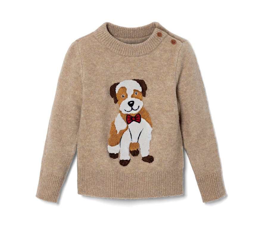 Dzianinowy sweter z aplikacją psa z czerwoną muszką.