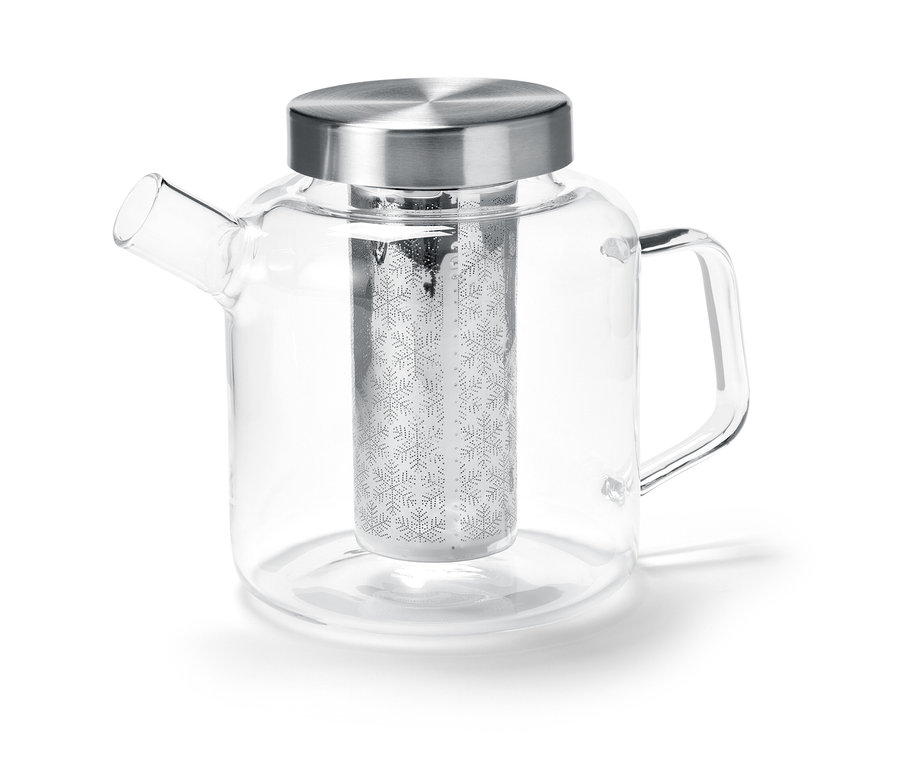 Szklany dzbanek do herbaty z filtrem i pokrywką ze stali nierdzewnej.