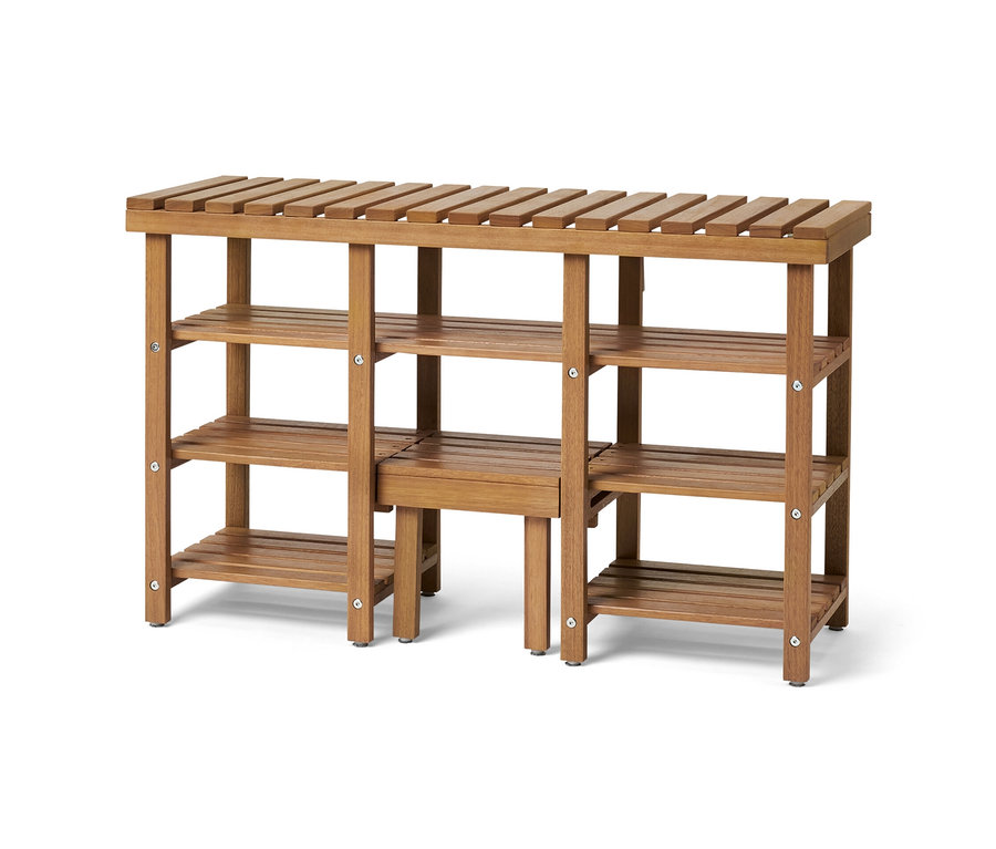 Wysoka ławka na buty z ławką i rozkładanym stopniem.