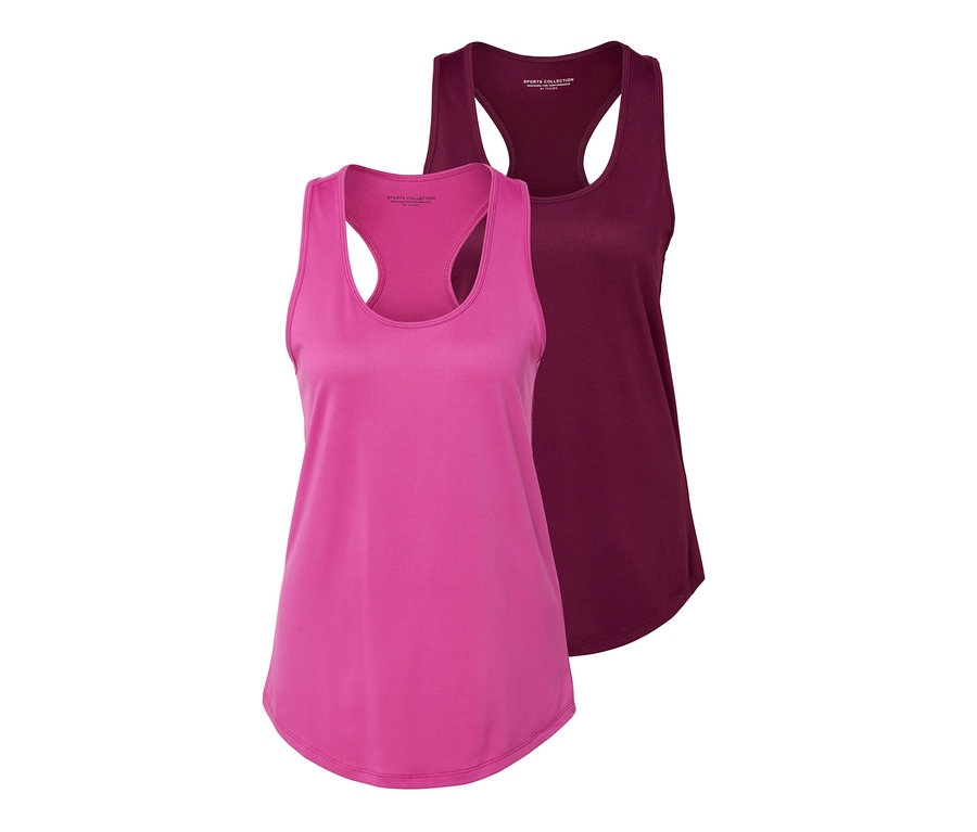 Dwa topy funkcyjne, jeden różowy i jeden jagodowy.