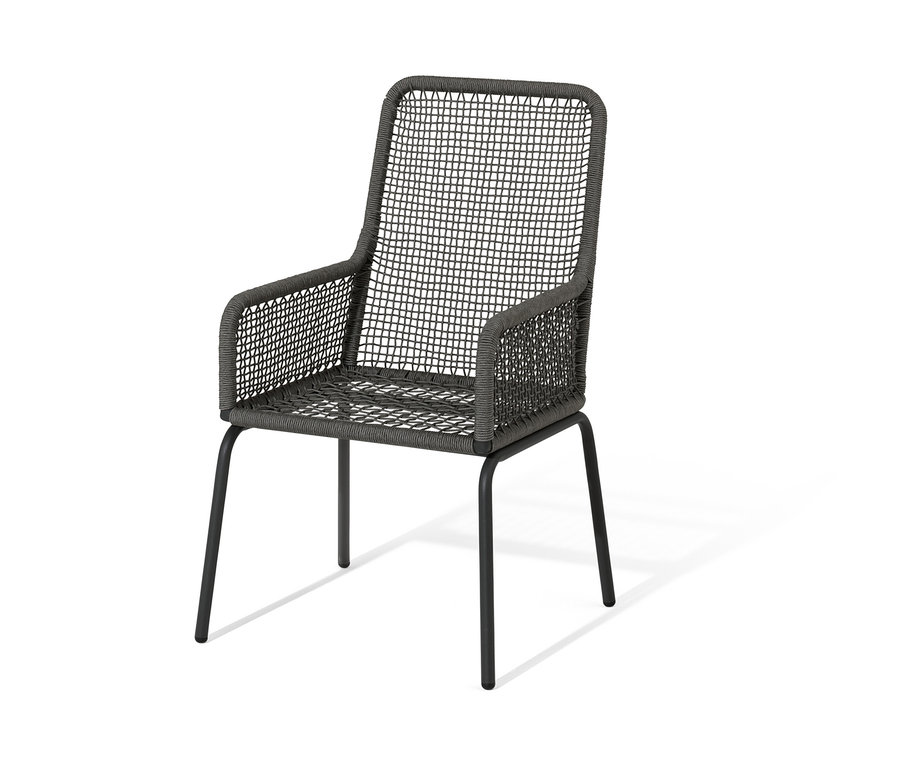 Czarne krzesło ogrodowe z wysokim oparciem z plecionką tekstylną.