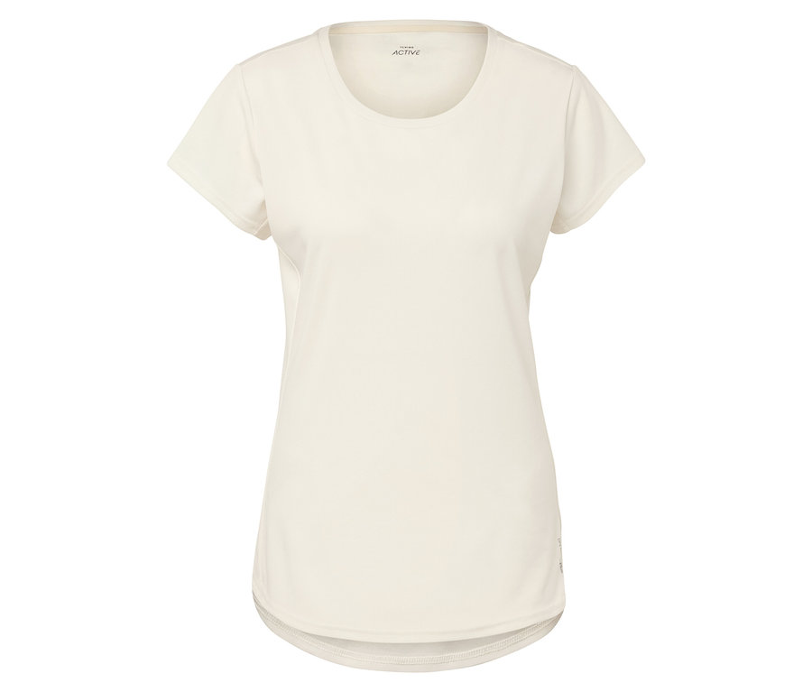 Biała koszulka sportowa z krótkim rękawem.