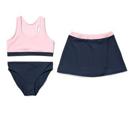 Zestaw bikini dla dzieci w kolorze różowym i granatowym ze stanikiem sportowym, majtkami i spódniczką.