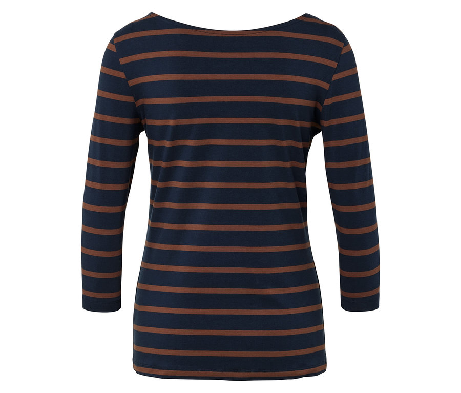 Niebieska bluzka damska z długim rękawem w brązowe paski.