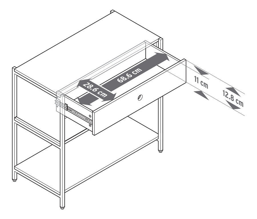 Szkic komody »KLAAR« z 2 szufladami, z wysuniętą górną szufladą i podanymi wymiarami.